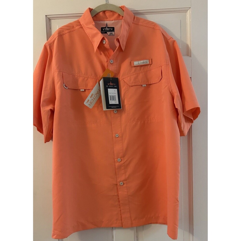 Habit UPF 40+ UV Fishing Shirt Men's L/G Orange Short Sleeve Button Polyester